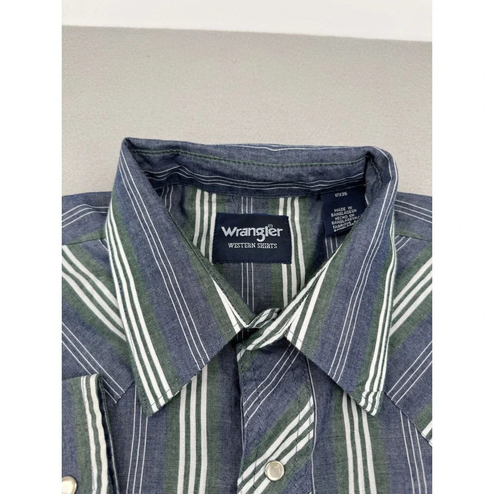 Wrangler Pearl Snap Western Shirt Mens XL 17x35 Striped Blue/Green Long Sleeve